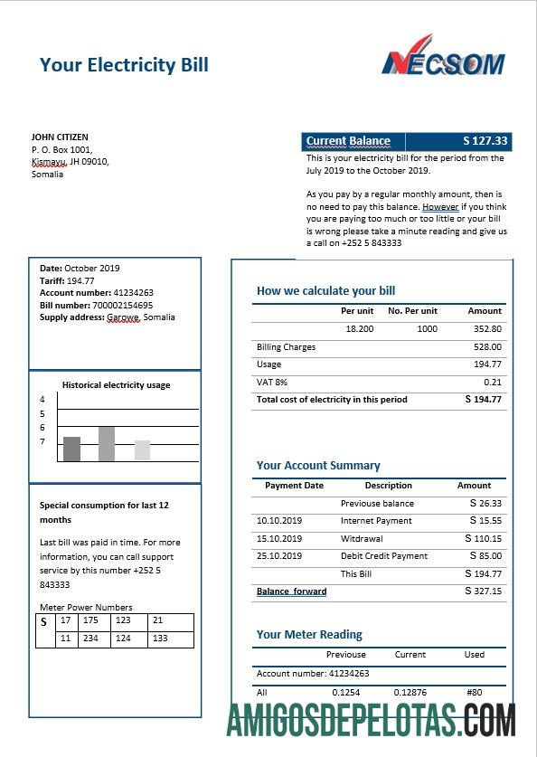 Conta de eletricidade NESCOM da Somália em formato Word exemplo real